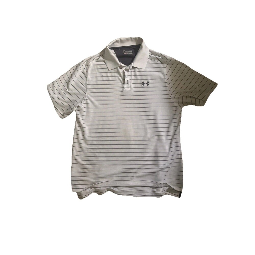 Under Armour HeatGear Polo Shirt Men’s White Striped Performance Golf Large